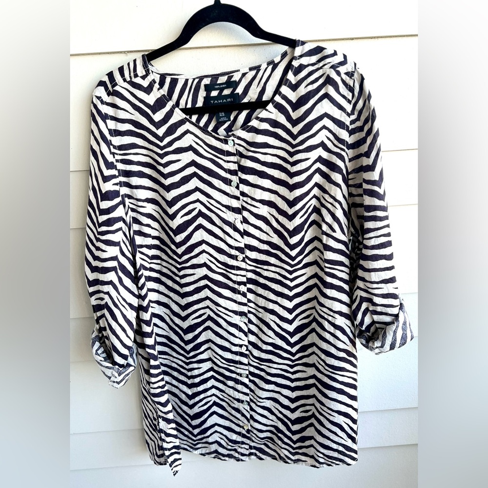 Tahari Zebra Print Linen Button Down 1x Tunic Blo… - image 5